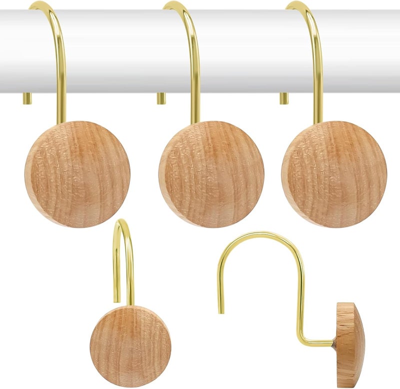 JTDTH Shower Curtain Hooks, Wood Decorative Shower Curtain Rings, Modern Round Log Shower Curtain Hangers, 12PCS Shower Hooks for Shower Curtain Rod, Bedroom, Living Room (Gold 2) - Image 1